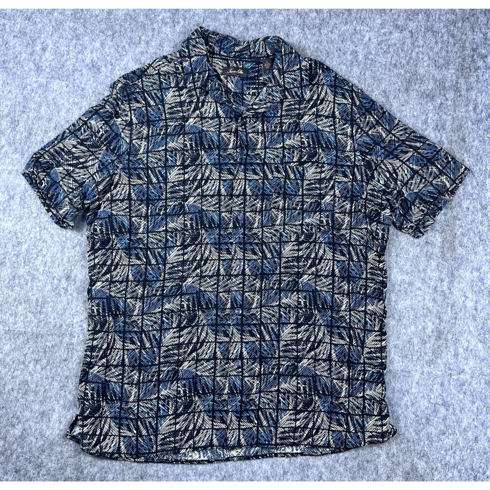 Tasso Elba Mens Button Down Shirt Silk Rayon Blue Green Floral Short Sleeve Sz L